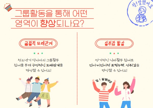 그룹활동을 통해 어떤 영역이 향상되나요?
1. 긍정적 또래관계
2. 성취감 향상