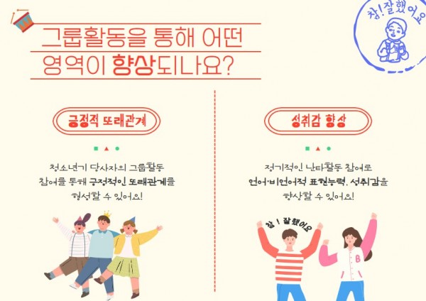 그룹활동을 통해 어떤 영역이 향상되나요?
긍정적 또래관계, 성취감 향상